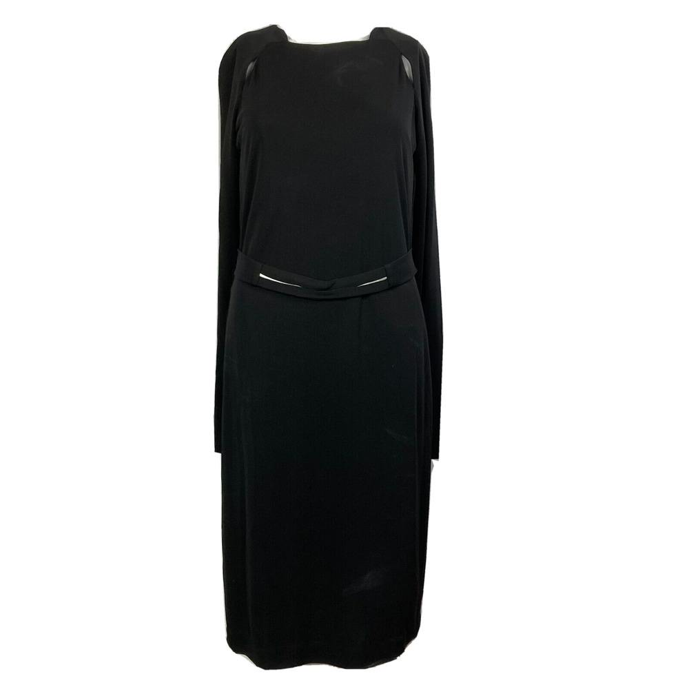 Doncaster Dress Womens Sz 4 Black‎ Sheath Stretch Belted Long Sleeve Midi